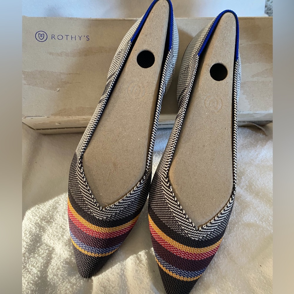 Rothy’s, size 9.5M, washable, removable inserts, gray with colorful stripes
